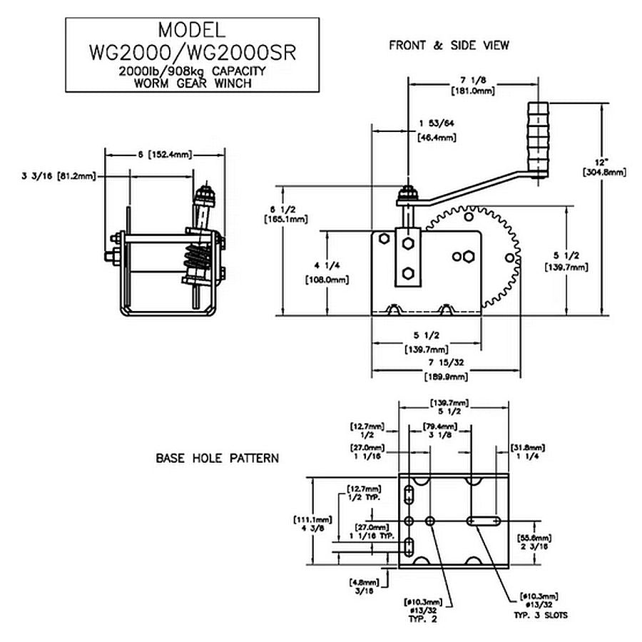 Dutton-Lainson Worm Gear Trailer Pulling Winch 2000Ib WG2000HEX - Hex Drive