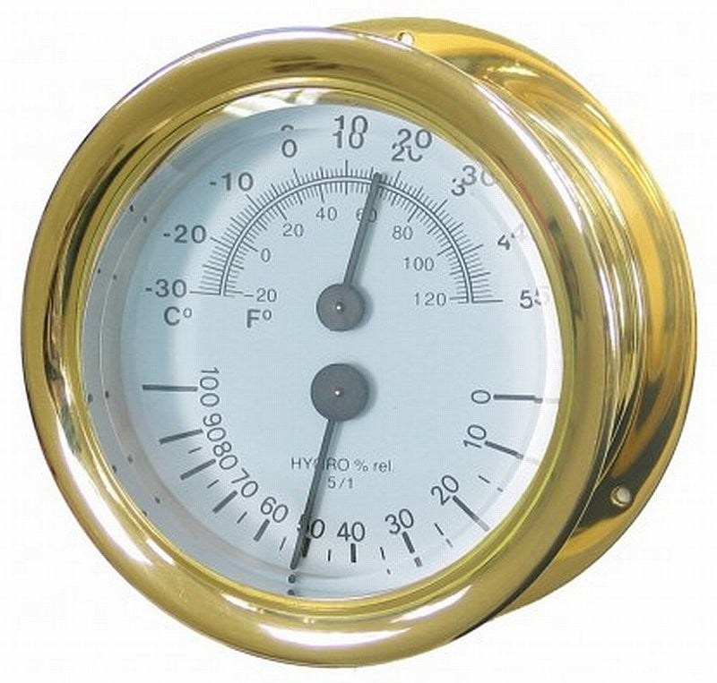 Meridian Zero Capstan Solid Brass Thermometer and Hygrometer 4inch