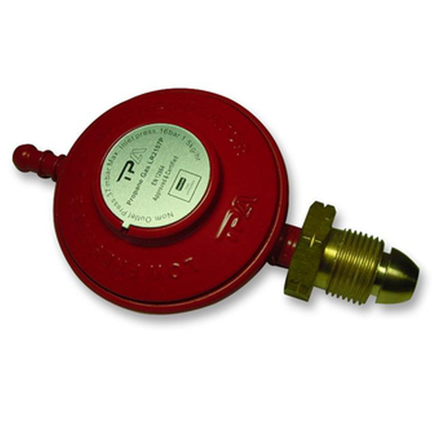 A red circular gas regulator with a brass fitting 